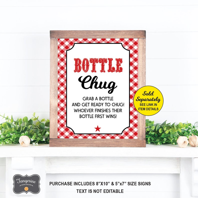 Peut inclure: Une pancarte &agrave; carreaux rouges et blancs avec un cadre en bois qui dit "BOTTLE CHUG" en lettres rouges. La pancarte dit "Prenez une bouteille et pr&eacute;parez-vous &agrave; boire d'un trait ! Celui qui termine sa bouteille en premier gagne !" et "Vendu s&eacute;par&eacute;ment Voir le lien dans les d&eacute;tails de l'article".