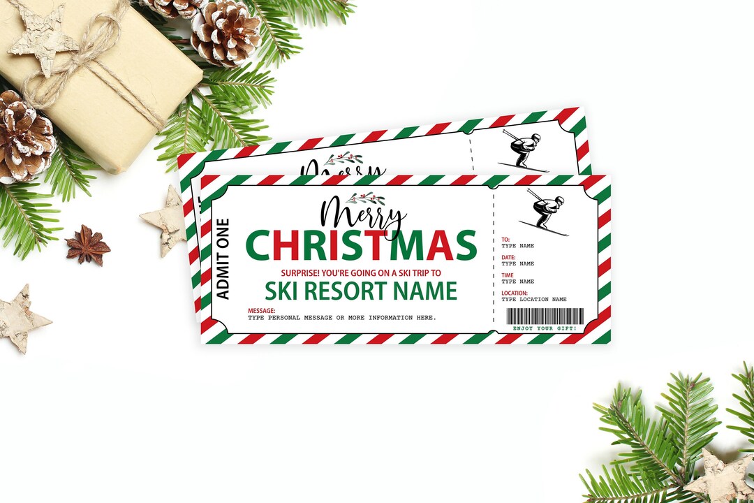 Editable Ski Lift Ticket, Surprise Ski Vacation Gift Certificate Skiing Trip Christmas Gift