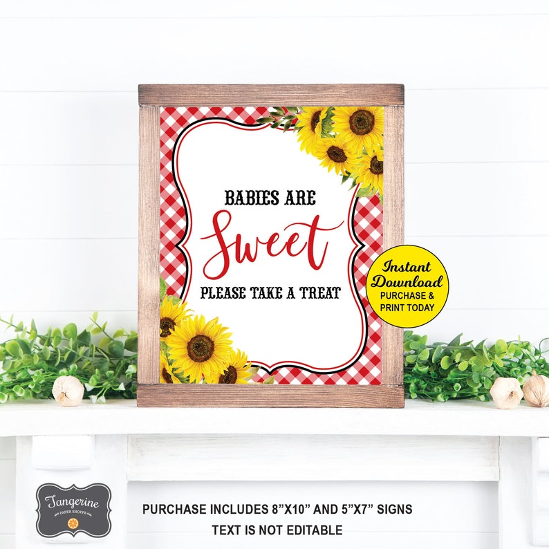 May include: A printable sign with a red and white gingham background and sunflowers. The sign says "Babies are Sweet, Please Take a Treat". It also says "Instant Download, Purchase & Print Today".