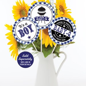 Op de afbeelding: Drie ronde papieren tafeldecoraties met een diameter van 12,7 cm in een blauw-wit geruit patroon. De tafeldecoraties hebben een zwart-wit ontwerp met de tekst "It's a Boy", "Baby-Q" en "Cooking to Perfection Baby-Q 100% Sweet Baby".