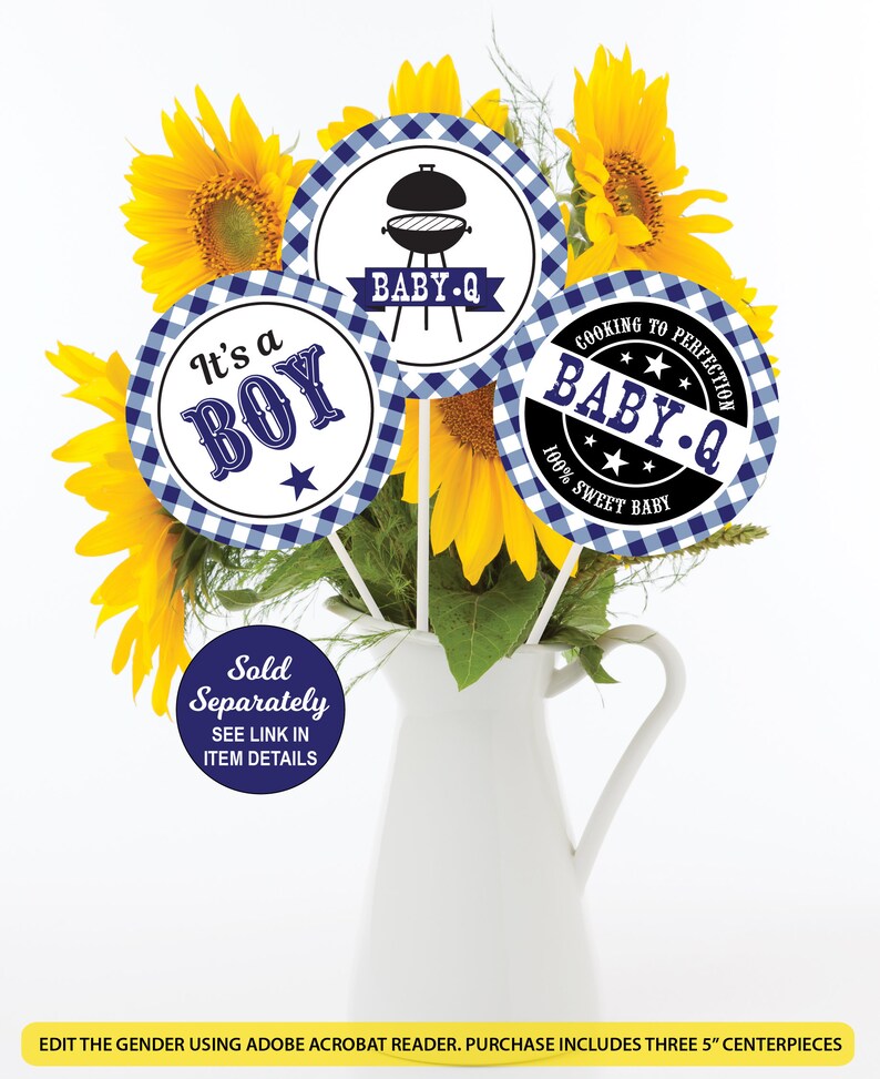 Op de afbeelding: Drie ronde papieren tafeldecoraties met een diameter van 12,7 cm in een blauw-wit geruit patroon. De tafeldecoraties hebben een zwart-wit ontwerp met de tekst "It's a Boy", "Baby-Q" en "Cooking to Perfection Baby-Q 100% Sweet Baby".
