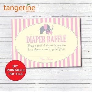 Elephant Baby Shower Diaper Raffle Cards - Girl Baby Shower - Printable -Pink, Grey, Cream