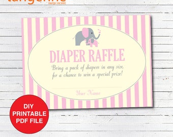 Elephant Baby Shower Diaper Raffle Cards - Girl Baby Shower - Printable -Pink, Grey, Cream