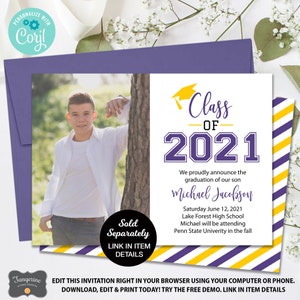 K&ouml;nnte beinhalten: Eine lila und gelbe Graduation Announcement mit einem Foto eines jungen Mannes in einem wei&szlig;en Hemd. Die Ank&uuml;ndigung lautet "Class of 2021" und enth&auml;lt den Namen des Absolventen, Michael Jacobson, sowie das Datum und den Ort der Abschlussfeier. Au&szlig;erdem wird darauf hingewiesen, dass Michael im Herbst die Pennsylvania State University besuchen wird.