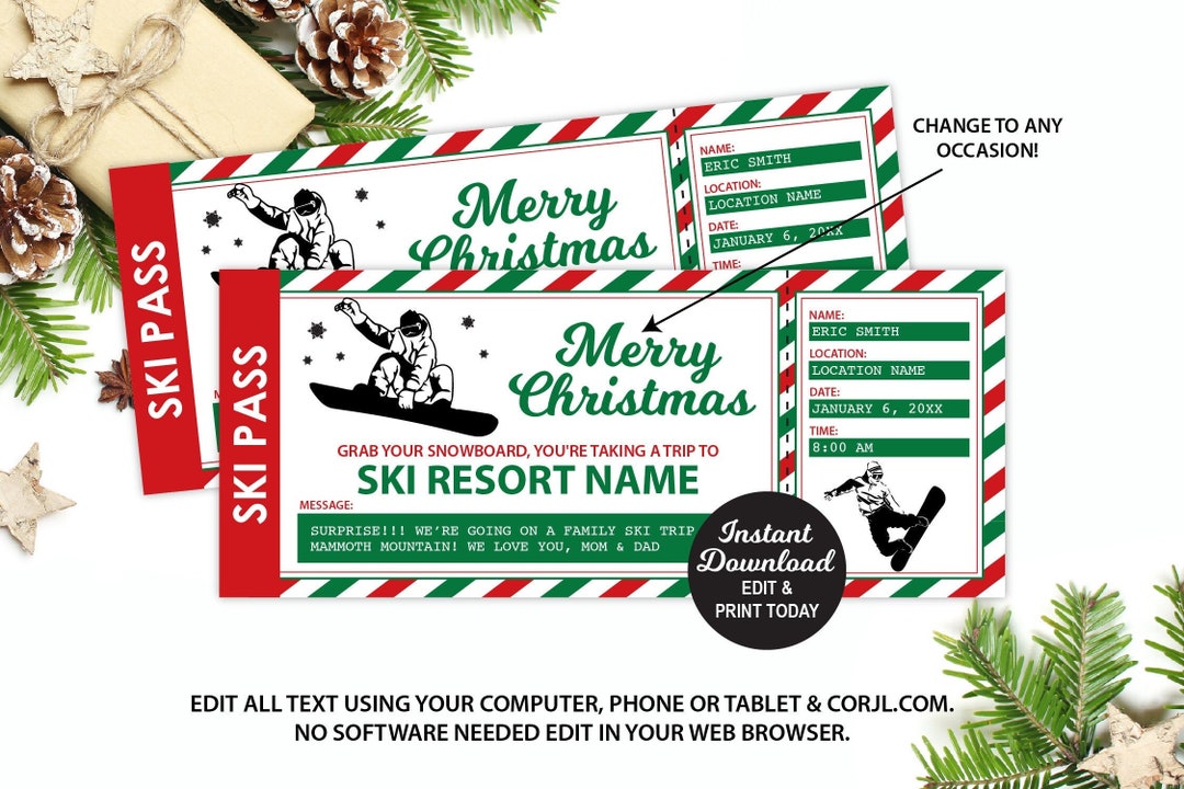 Snowboard Ticket Printable, Editable Ski Lift Pass, Surprise Ski Trip