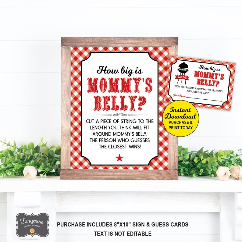 Peut inclure: Une affiche imprimable &agrave; carreaux rouges et blancs avec le texte "How big is Mommy's Belly?" et des instructions pour un jeu de baby shower.  Coupez un morceau de ficelle de la longueur que vous pensez correspondre au tour de ventre de la future maman. La personne qui se rapproche le plus gagne ! L'affiche comprend &eacute;galement une petite carte imprimable avec le texte "How big is Mommy's Belly?" et des instructions pour signer votre nom et enrouler votre ficelle autour de cette carte.