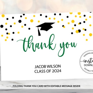 Editable Graduation Thank You Folded Card, Personalized Thank You Note Card, Yellow, Green, Black Grad Cap Corjl Template Instant Download