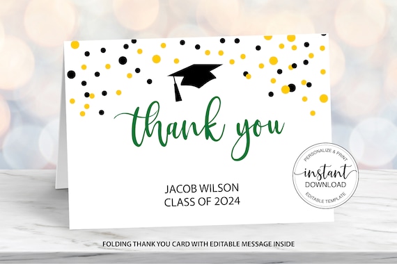 Editable Graduation Thank You Folded Card, Personalized Thank You Note Card, Yellow, Green, Black Grad Cap Corjl Template Instant Download - Etsy Editable Graduation Thank You Folded Card, Personalized Thank You Note Card, Yellow, Green, Black Grad Cap Corjl Template Instant Download - Etsy