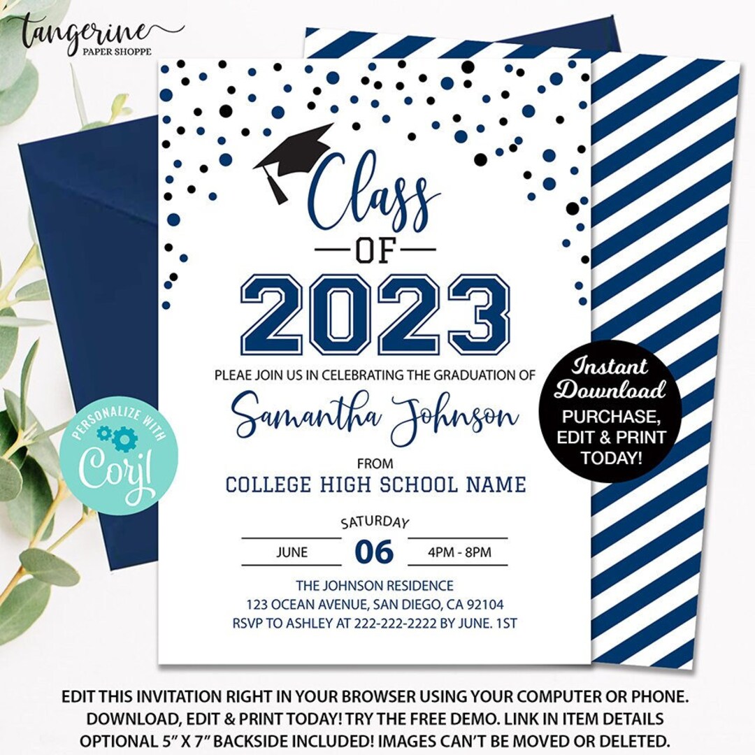 Editable Graduation Invitation Navy Blue & White Class of Etsy