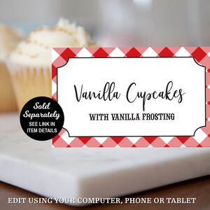 May include: Printable sign with red and white gingham pattern, featuring the text "Vanilla Cupcakes with Vanilla Frosting". The sign also includes the text "Sold Separately, SEE LINK IN ITEM DETAILS".