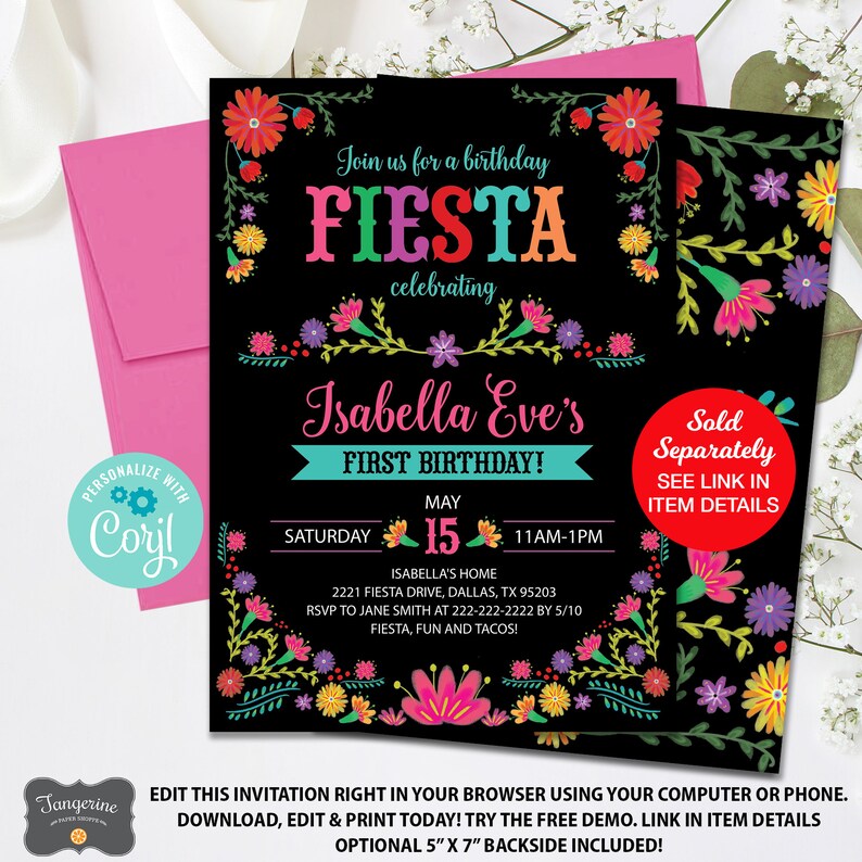 May include: Black invitation card with colorful floral border and text: "Join us for a birthday FIESTA celebrating Isabella Eve's FIRST BIRTHDAY!" Includes date, time, and location details. A pink envelope is in the background.