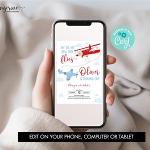 Airplane Birthday Decoration Package, Time Flies 1st Birthday Decor Bundle Boy First Flight Birthday Invitation Signs Corjl Template 0003 image 5