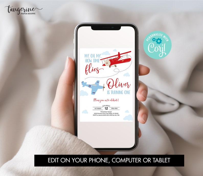 Airplane Birthday Decoration Package, Time Flies 1st Birthday Decor Bundle Boy First Flight Birthday Invitation Signs Corjl Template 0003 image 5