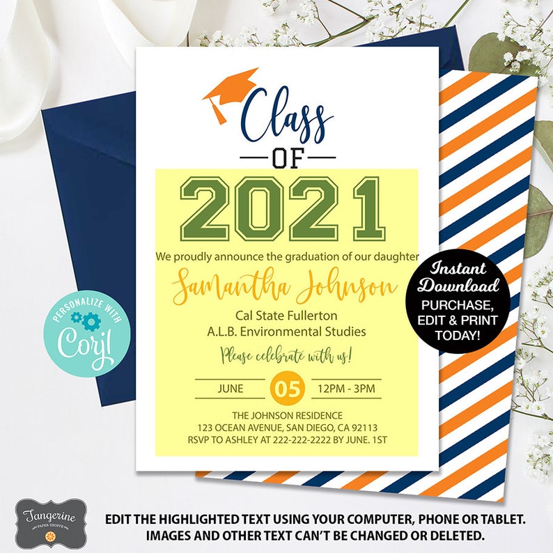 May include: A graduation announcement with the text "Class of 2021" and details for a graduation celebration. The design includes an orange graduation cap, a navy blue envelope, and a striped pattern in orange and navy.