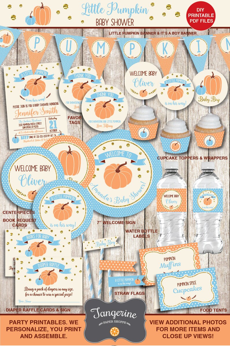 Little Pumpkin Baby Shower Decorations Boy Package Blue Gold Fall Personalized Printable Pdf Files
