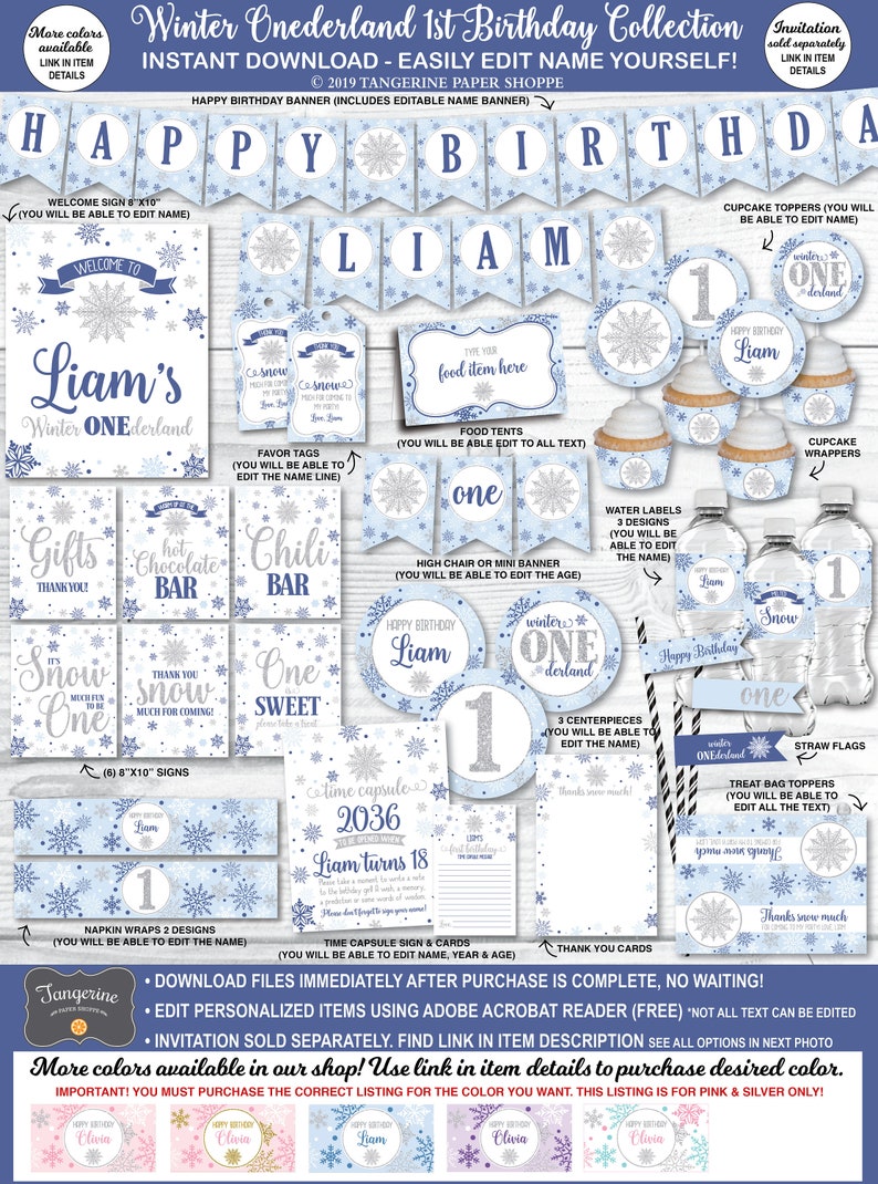 Pu&ograve; includere: Collezione di stampe per la festa di compleanno di Winter Onederland per il primo compleanno, in blu e argento con fiocchi di neve. Include elementi modificabili come uno striscione, decorazioni per cupcake, etichette per bottiglie d'acqua, etichette per bomboniere e altro ancora. Scarica istantaneamente e modifica con Adobe Acrobat Reader.