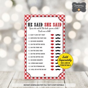 May include: A red and white gingham printable game card with the text "He Said She Said" and a list of 12 questions for a wedding shower or bridal party game. The questions are about the bride and groom.  The card has red lips and black mustaches to circle for each question.