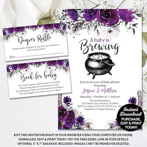 Halloween A Baby is Brewing Baby Shower Invitation Bundle, Halloween Baby Shower, Floral Halloween Invite, Diaper Raffle, Book Request