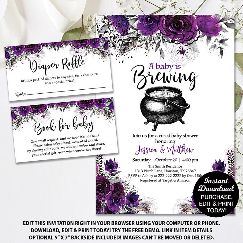May include: A purple and black baby shower invitation with a cauldron and floral design. The text reads "A baby is brewing" and "Jessica & Matthew".