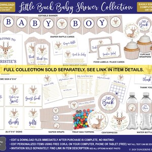 May include: A printable baby shower collection with a woodland theme featuring a cute little buck with antlers. The collection includes a welcome sign, diaper raffle cards, food labels, cupcake toppers, water bottle labels, and more. The colors are brown, beige, green, and purple.