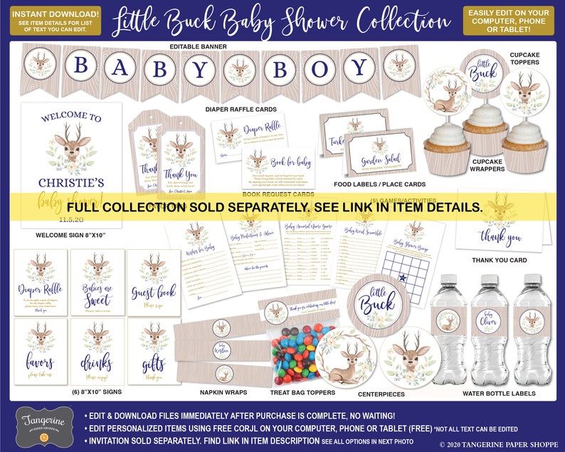 May include: A printable baby shower collection with a woodland theme featuring a cute little buck with antlers. The collection includes a welcome sign, diaper raffle cards, food labels, cupcake toppers, water bottle labels, and more. The colors are brown, beige, green, and purple.