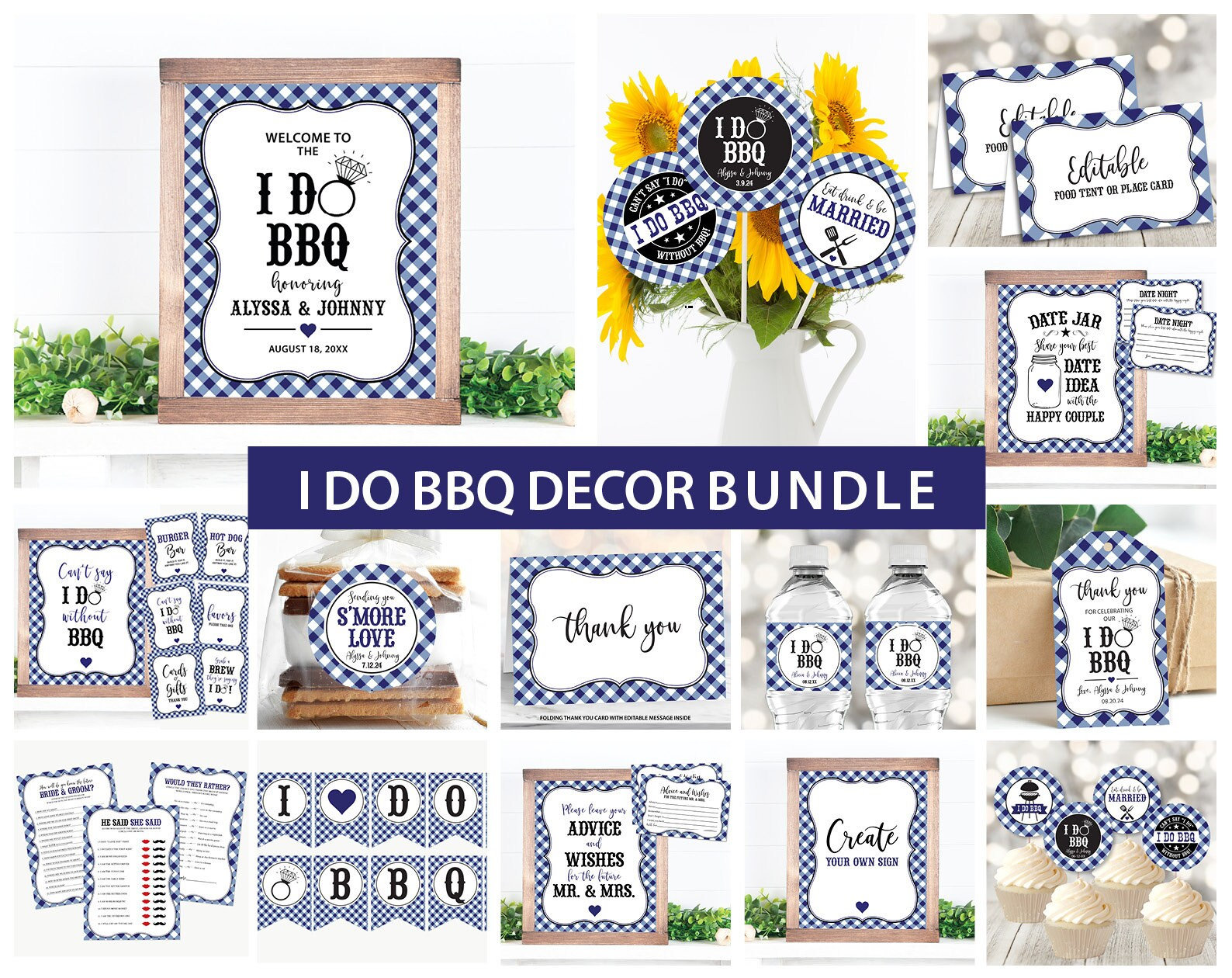 I Do Bbq Decoration Package, Editable Beer Engagement Party Decor Bundle Brewery Bridal Shower Couples Navy Blue Gingham Corjl Template