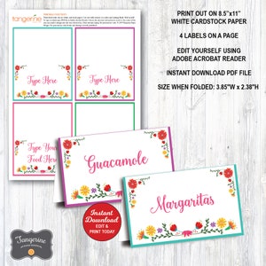 May include: Printable food tent cards with floral designs. The cards are white with colorful borders and feature text fields for customization. The image includes the words "Guacamole" and "Margaritas" on sample cards. The size when folded is 3.85"W x 2.38"H.