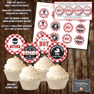 Peut inclure: Toppers de cupcake pour une f&ecirc;te de naissance imprimables de 8,5 x 11 pouces avec un motif vichy rouge et blanc. Les toppers pr&eacute;sentent une vari&eacute;t&eacute; de motifs, notamment un barbecue, une poussette et le texte "C'est un gar&ccedil;on" et "Baby-Q".