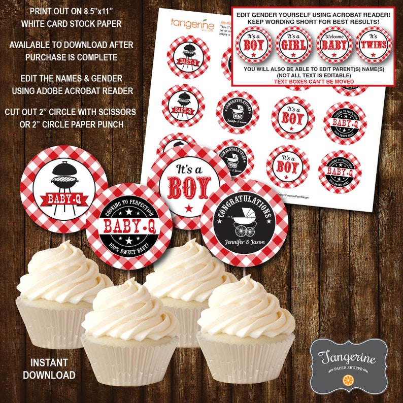Peut inclure: Toppers de cupcake pour une f&ecirc;te de naissance imprimables de 8,5 x 11 pouces avec un motif vichy rouge et blanc. Les toppers pr&eacute;sentent une vari&eacute;t&eacute; de motifs, notamment un barbecue, une poussette et le texte "C'est un gar&ccedil;on" et "Baby-Q".