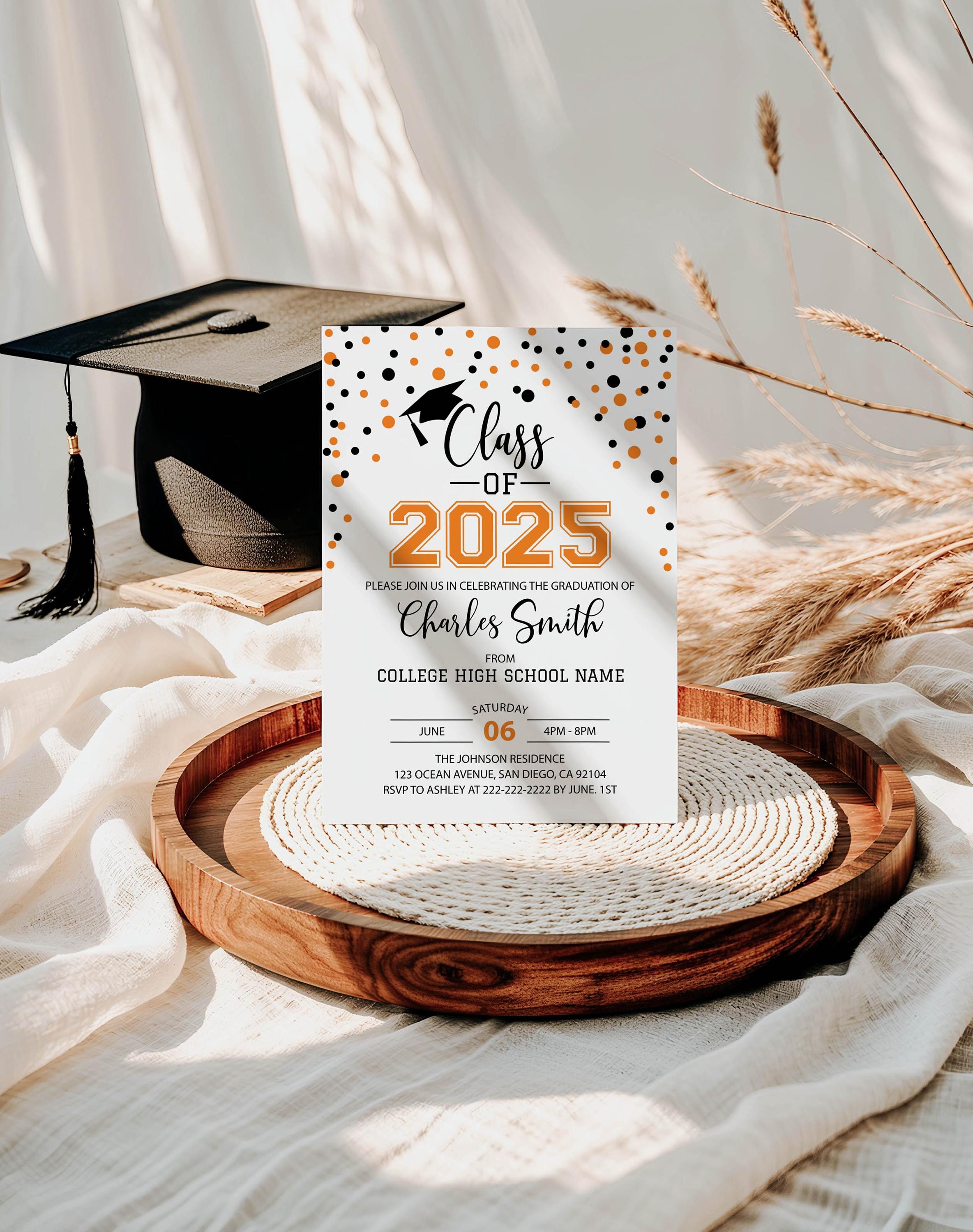Graduation Invitation, Class of 2025 Graduation Announcement, Editable Orange Black Graduation Party Invite, High School College University