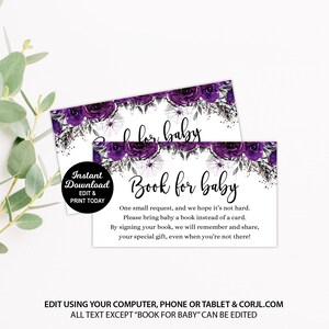 May include: Purple and black floral baby shower book request card with the text "Book for baby" and "One small request, and we hope it's not hard. Please bring baby a book instead of a card. By signing your book, we will remember and share, your special gift, even when you're not there!"