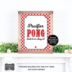 Może przedstawiać: Drukowana tablica do gry imprezowej o nazwie "Pacifier Pong". Tablica jest w kratkę w kolorze czerwono-białym z czarnym tekstem, kt&oacute;ry brzmi "Pacifier Pong Sink it or chug it!" i "Natychmiastowe pobranie Kup i wydrukuj dzisiaj". Tablica zawiera r&oacute;wnież tekst "Zakup zawiera tablice 8"x10" i 5"x7" Tekst nie jest edytowalny."