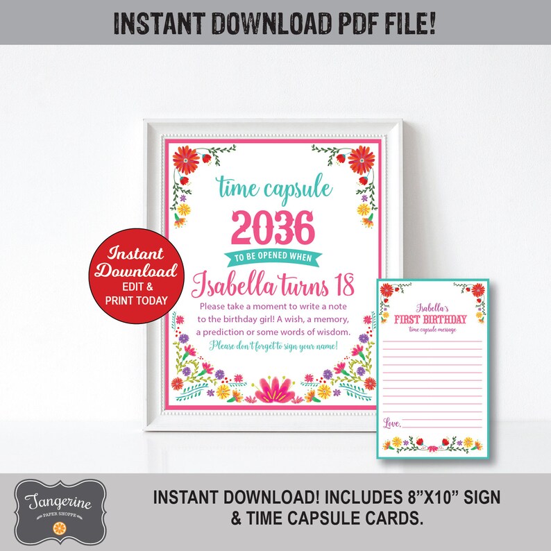 May include: A framed time capsule sign and matching card set. The sign is white with a pink border and floral accents. Text includes "time capsule 2036" and "Isabella turns 18." The card is teal with floral accents.