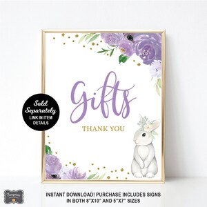 May include: Purple and green floral printable sign with a white bunny rabbit and gold glitter. The sign says "Gifts Thank You".