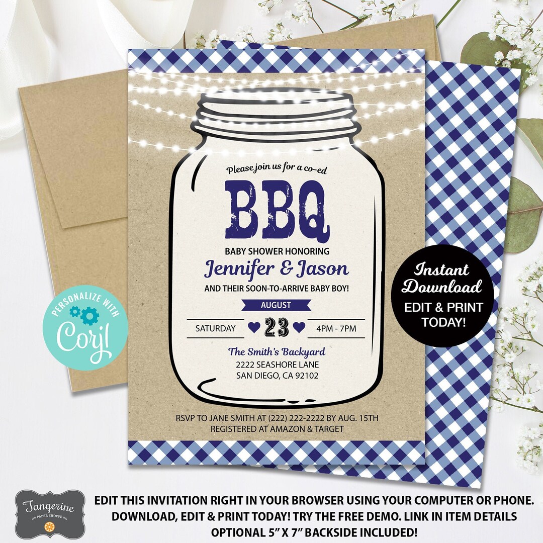 BBQ Baby Shower Invitation, Printable Mason Jar Baby Shower Invitation ...