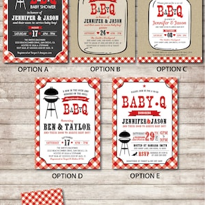 Peut inclure: Cinq options diff&eacute;rentes pour une invitation de f&ecirc;te pr&eacute;natale sur le th&egrave;me du barbecue. Les invitations pr&eacute;sentent un motif vichy rouge et blanc, un barbecue et un bocal en verre. Le texte sur les invitations indique "Baby Q" et comprend les noms des futurs parents, la date et l'heure de la f&ecirc;te, ainsi que le lieu. Les invitations comprennent &eacute;galement les informations RSVP et les informations sur le registre.