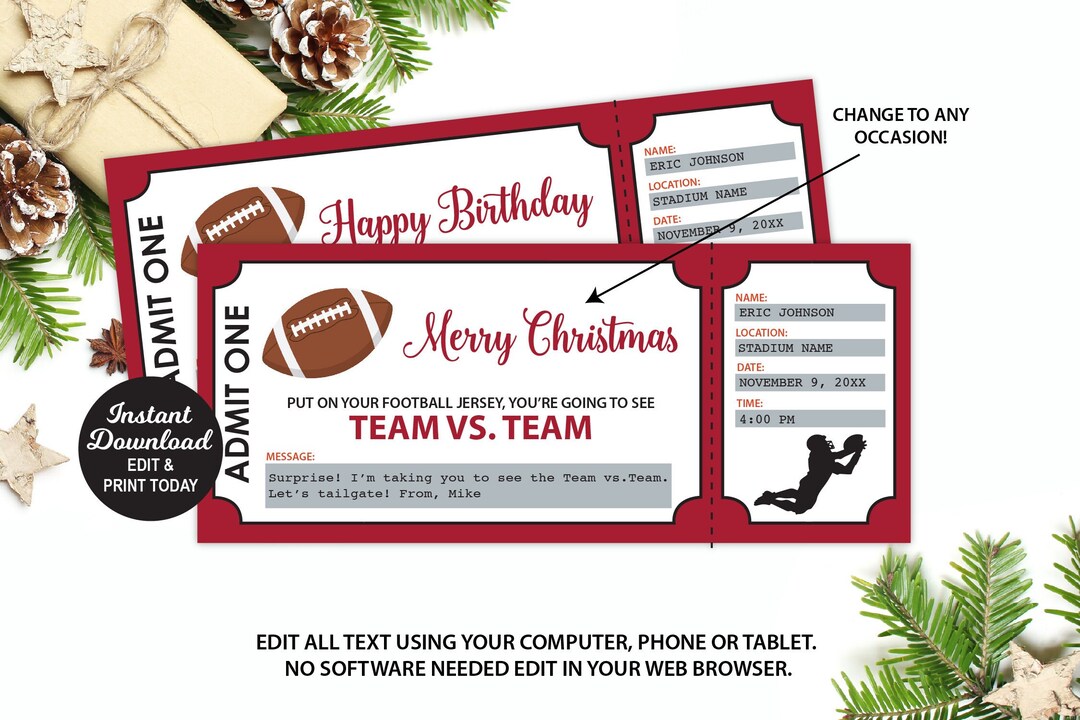 Editable Football Game Gift Ticket, Christmas Present, Birthday