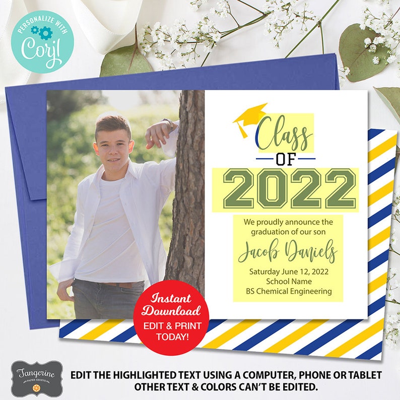 Printable Graduation Invitation Blue Gold Graduation Etsy