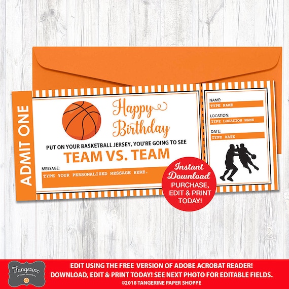 Surprise Basketball Game Ticket Printable, Basketball Birthday Gift