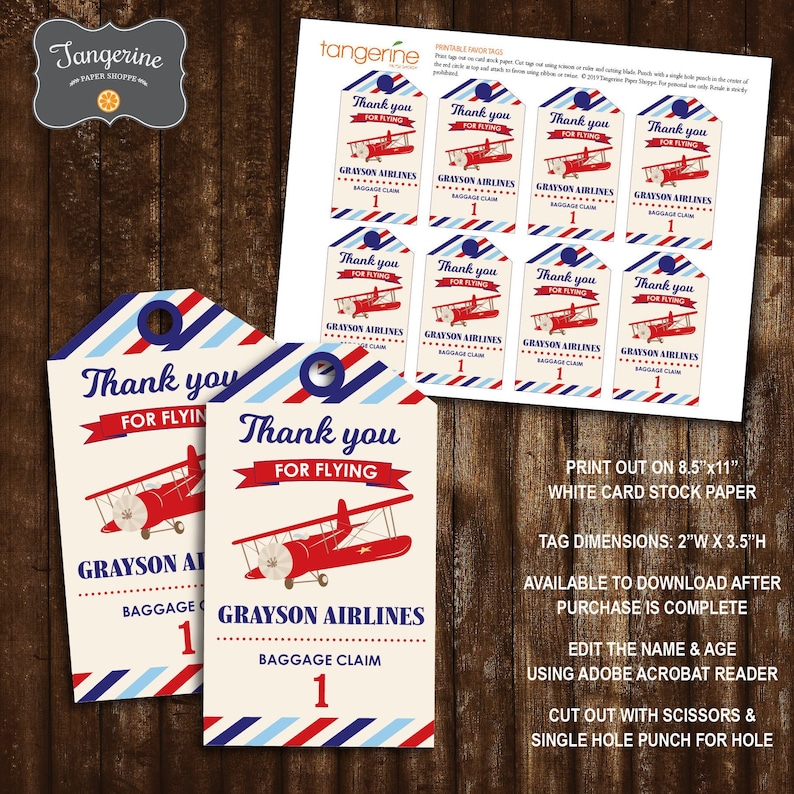 Airplane Birthday Favor Tags, Airplane Thank You Tags, Airplane Luggage Tags, DIY Printable PDF file, Personalized Instant Download image 1