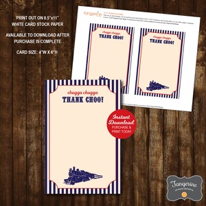 May include: Printable thank you cards featuring a blue and red striped background with a train illustration. The text "chugga chugga THANK CHOO!" is printed on the cards. The cards are 4 inches wide by 6 inches high and are available for instant download.