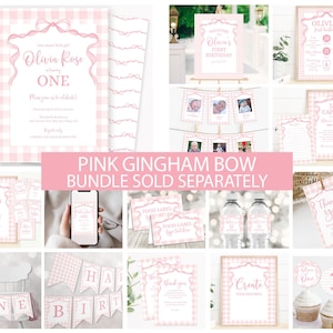 May include: Pink and white gingham bow printable party decorations for a first birthday. The set includes a welcome sign, a time capsule, a food label, a thank you tag, a banner, a cupcake topper, and more. The text on the welcome sign reads "Welcome to Olivia's First Birthday".