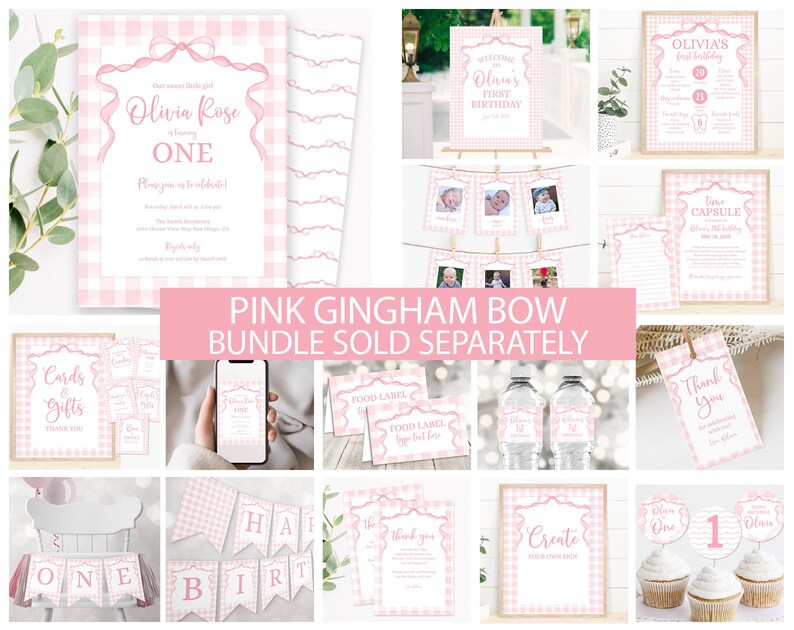 May include: Pink and white gingham bow printable party decorations for a first birthday. The set includes a welcome sign, a time capsule, a food label, a thank you tag, a banner, a cupcake topper, and more. The text on the welcome sign reads "Welcome to Olivia's First Birthday".
