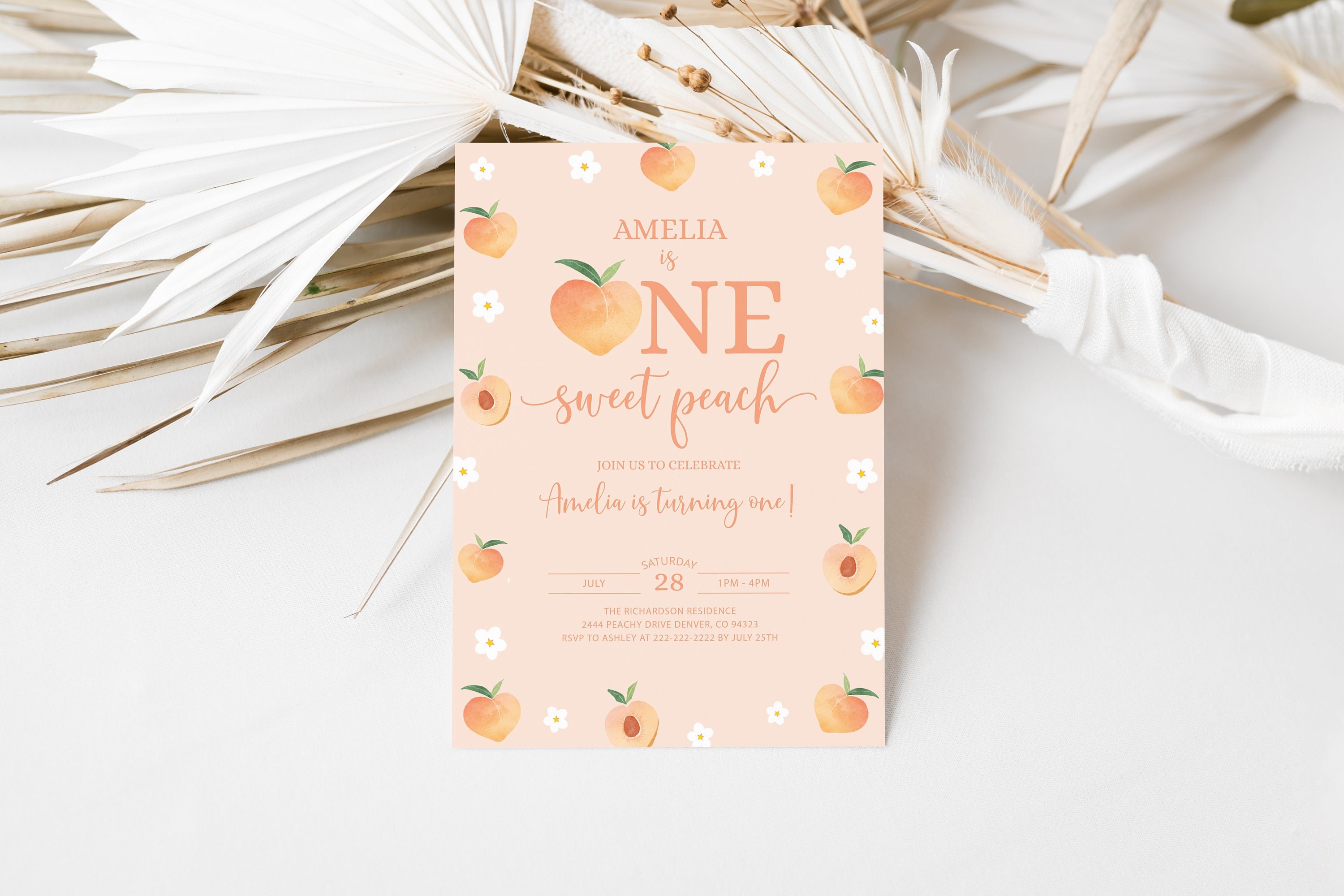 Editable Peach Birthday Invitation, One Sweet Peach First 1st Birthday Party Invite Printable Girl Blossom Corjl Template Instant Download