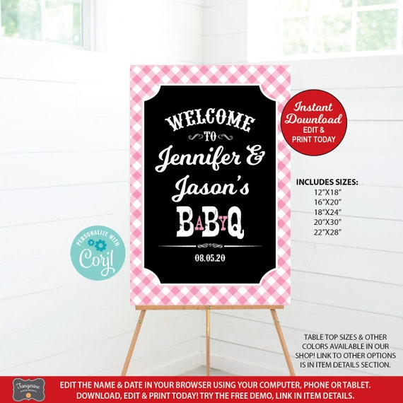 Pink Baby Q Welcome Sign, Yard Sign, BBQ Baby Shower Printable Sign, Poster Welcome, Pink Chalkboard Easel Sign, INSTANT DOWNLOAD Il_570xn