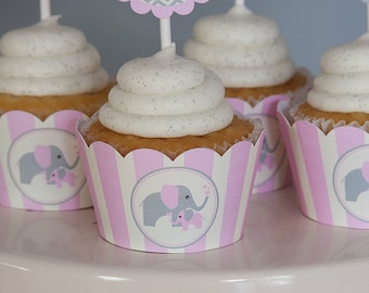 Elefant Babyparty Cupcake Wrappers - Mädchen Babyparty - Rosa, Grau & Creme - INSTANT DOWNLOAD