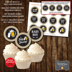May include: Printable 2 inch round cupcake toppers with a brown kraft paper background. The toppers feature a beer mug with a baby bottle inside and the text "A Baby is Brewing". There are also toppers that say "Baby Boy" and "Welcome Baby".