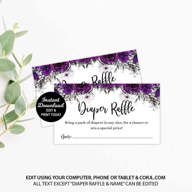 May include: Purple and black diaper raffle ticket with a floral and spider web design. The text reads "Diaper Raffle" and "Bring a pack of diapers in any size, for a chance to win a special prize!" with a line for a name.