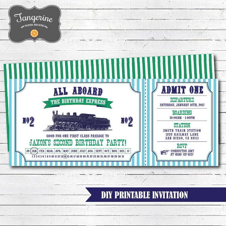 Train Birthday Invitation Printable Vintage Train Ticket Invitations Green, Aqua & Navy Blue Boy Birthday Invitation image 1