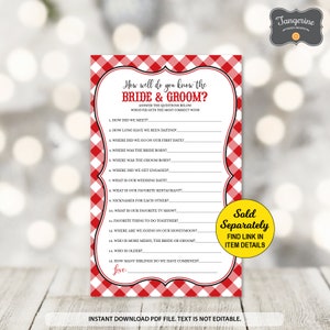 May include: A printable game card with a red and white gingham pattern. The text "How well do you know the Bride & Groom?" is featured, along with a list of questions about the couple. The text "Sold Separately" and "Find link in item details" is also included.